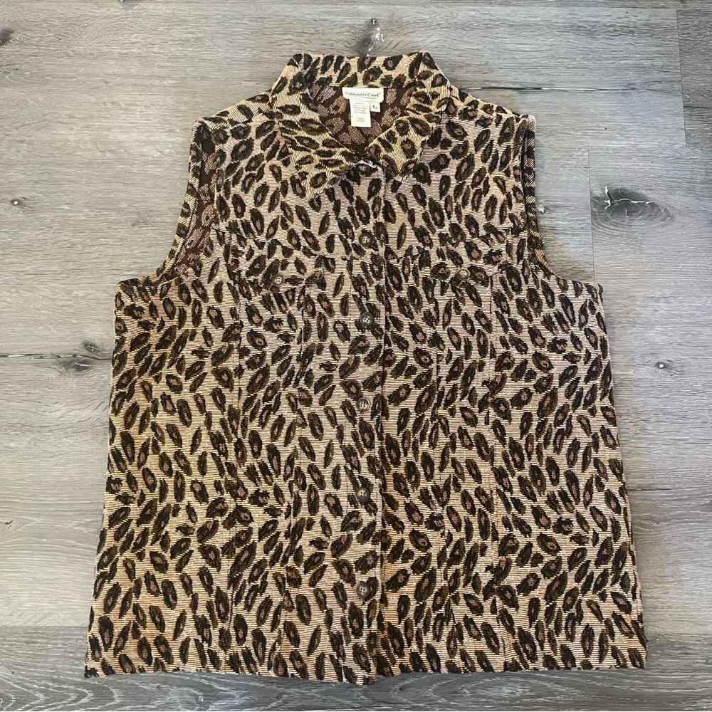 Coldwater Creek Animal Leopard Print Tapestry Vest Size Large Boho Retro Fall